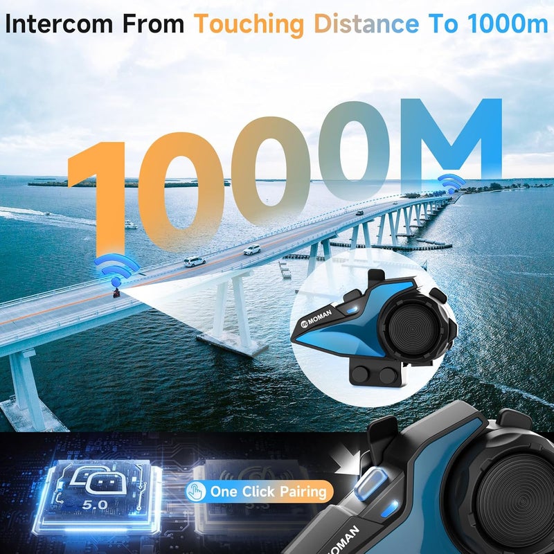 MOMAN Motorcycle Intercom, H2E Eagle-Like Helmet Headset Communication System with Dual Chip for Audio Multitasking HiFi/Music Sharing/FM/AI Voice (1Pack), Motorcycle-Intercom-Helmet-Headset-Headphone - Image 4